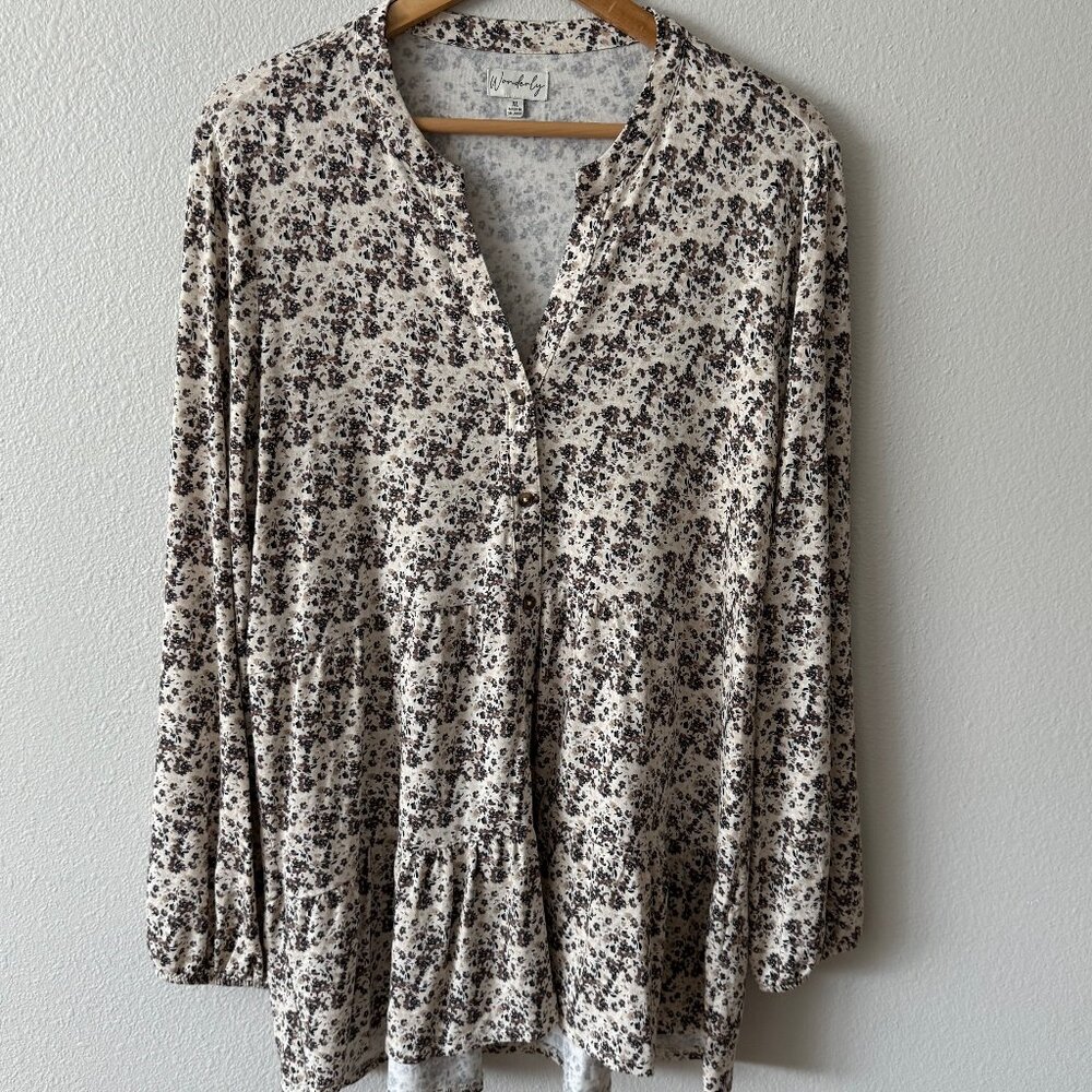 Wonderly Long‎ Sleeve Tiered Button Down Floral Bohemian Tunic Size XL
